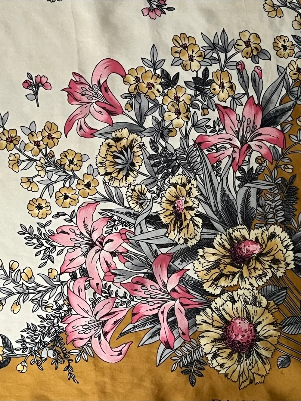 Pure silk scarf made in Italy with delicate florals and a rare circle metal clip